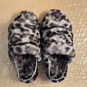 UGG Women's Black and Cream Leopard Shearling Slide Slippers